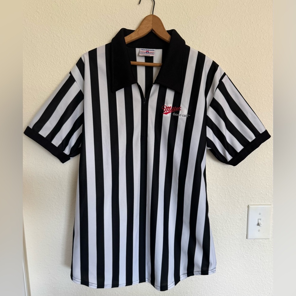 Vintage Miller Lite Referee Shirt L Black White Stripe Beer Promo‎